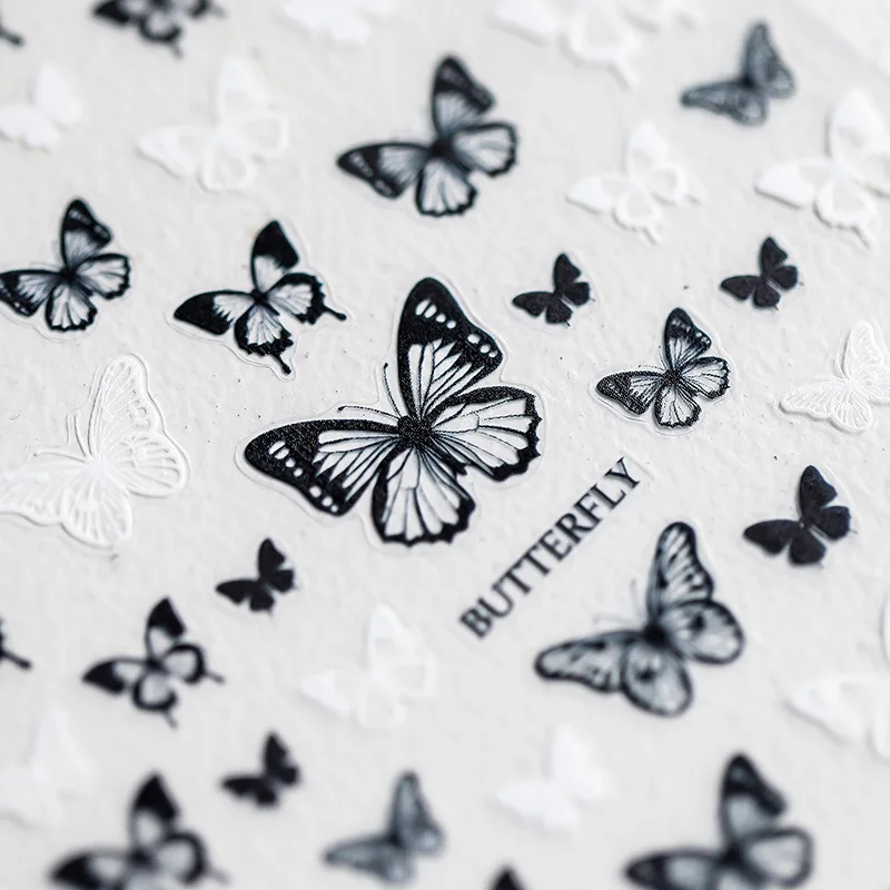 1 pz 5D Nero/Bianco Farfalla Nail Art Sticker Elegante Design Del Merletto Decalcomanie Per Unghie 8*10 cm Autoadesiva Manicure Farfalle Nail De