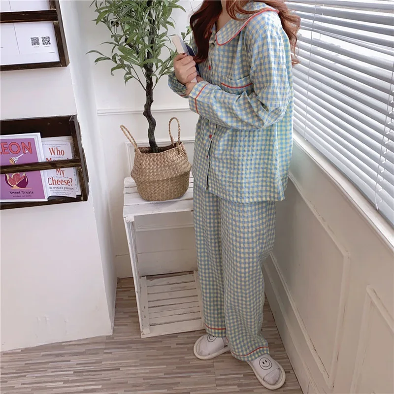 Long-Sleeved Pajamas Women\'s Spring Autumn Summer Casual Thin Korean Ins-Style Student Plaid Doll Collar Loungewear Birthdaygift