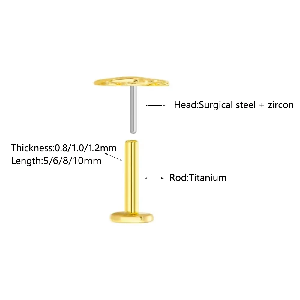 ASTM F136 G23 Titanium Horse Eye Zircon Crown Tassel Puncture Flat Earring Cartilage Chain Push in Labret Stud Piercing
