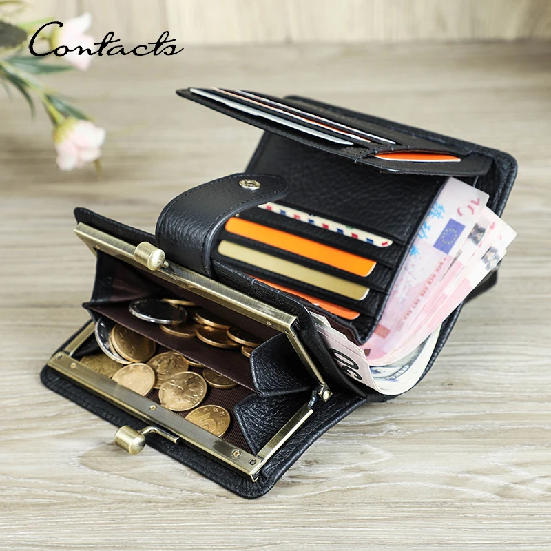 CONTACT'S  RFID Genuine Leather Women's wallets Metal Frame Card Holders Coin Purses Luxury Designer Women Card Holders