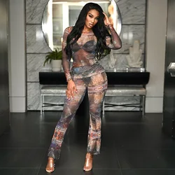 BKLD Women Clothing Autumn New Fashion Printed Mesh Pleated Long Sleeve Tops Flare Pants Two Piece Sets Sexy Night Club Outfits