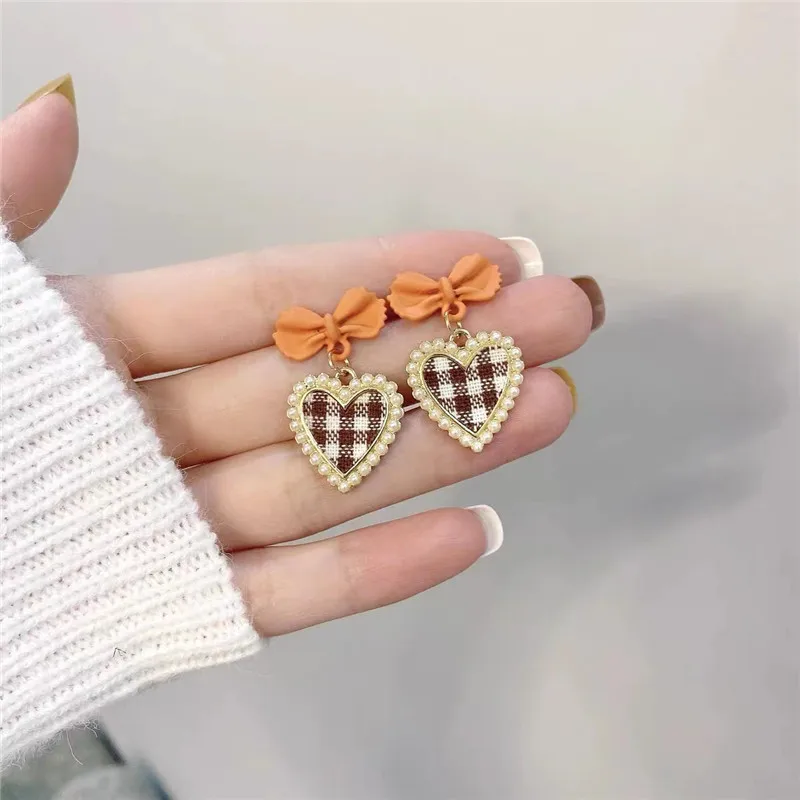 Korean Heart Drop Earrings For Women Girl Romantic Valentine's Day Gift Fashion Jewelry Trend Hanging Pearl Cute Bowknot Earring