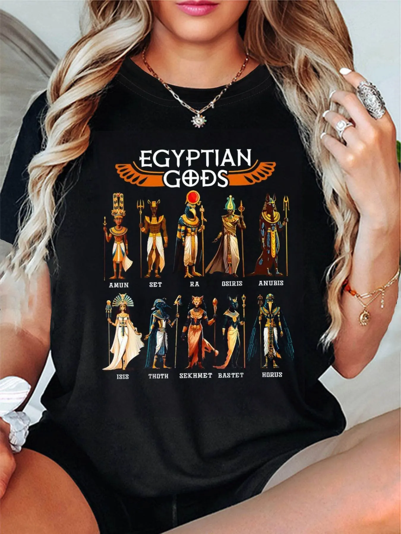 Egyptian Gods Retro Mythical Pattern Printed Women's Round Neck Spring/Summer T-shirt Short Sleeve