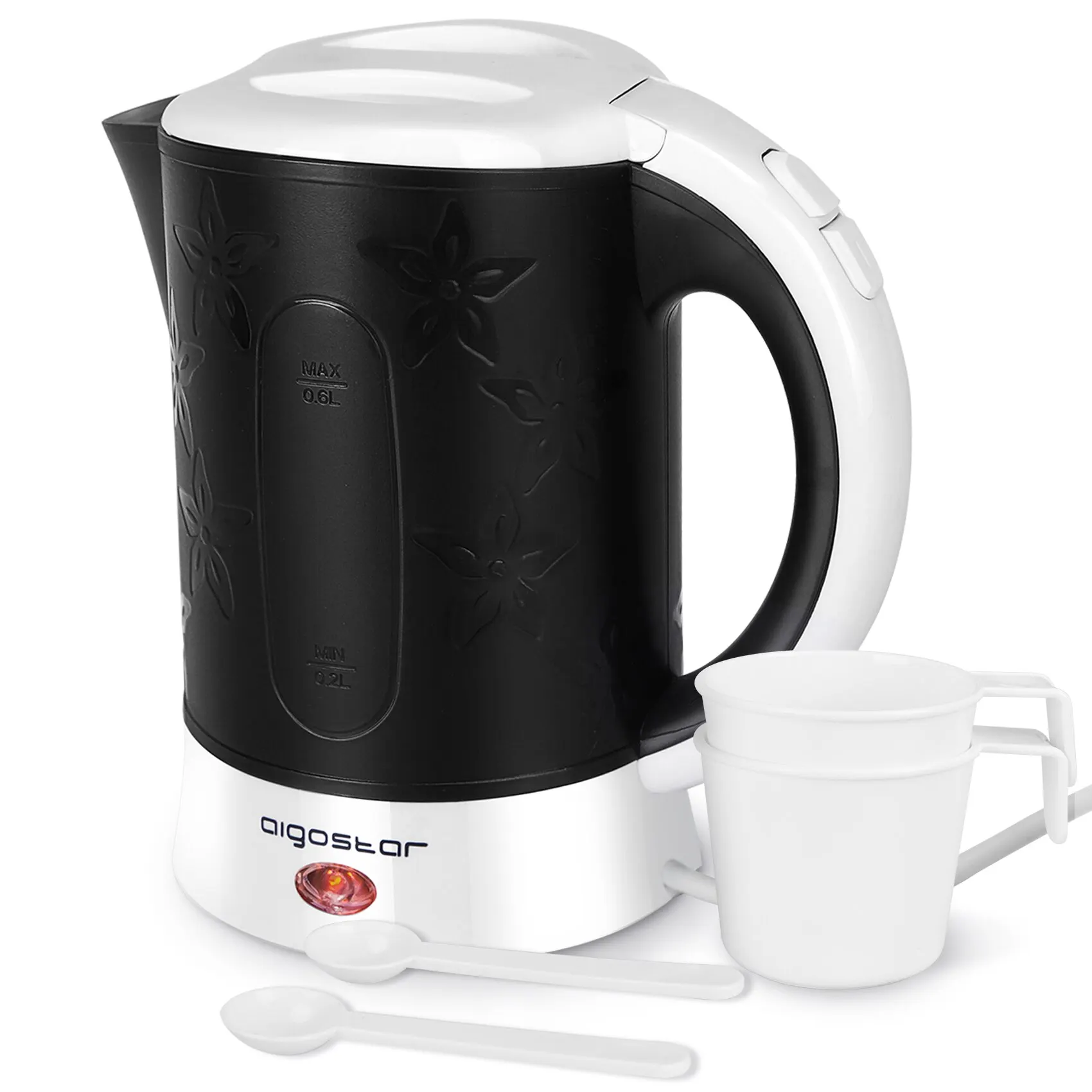 0.6 Liters Compact Water Kettle, BPA Free, Automatic Off, Includes Two Cups and Two Spoons, 650W, Black