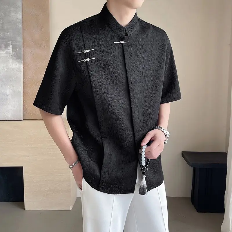 

Line Chinese Style Jacquard Tang Suit for Men Summer Short Sleeves Frog Closures Stand Collar T-shirts Loose Casual Fashion Tops