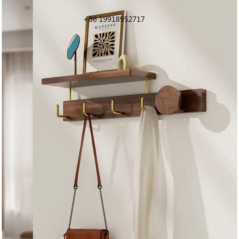 No Punching Clothes Hook Black Walnut Wood Coat Rack Creative Living Room Storage Shelves Versatile Scene Hanger For Bags