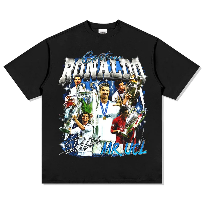 Vintage Portugal C Ronaldo Printed Cotton Tees Summer Sports Football Fan Tshirt Women Crew-neck Short-sleeved Top Men Oversized