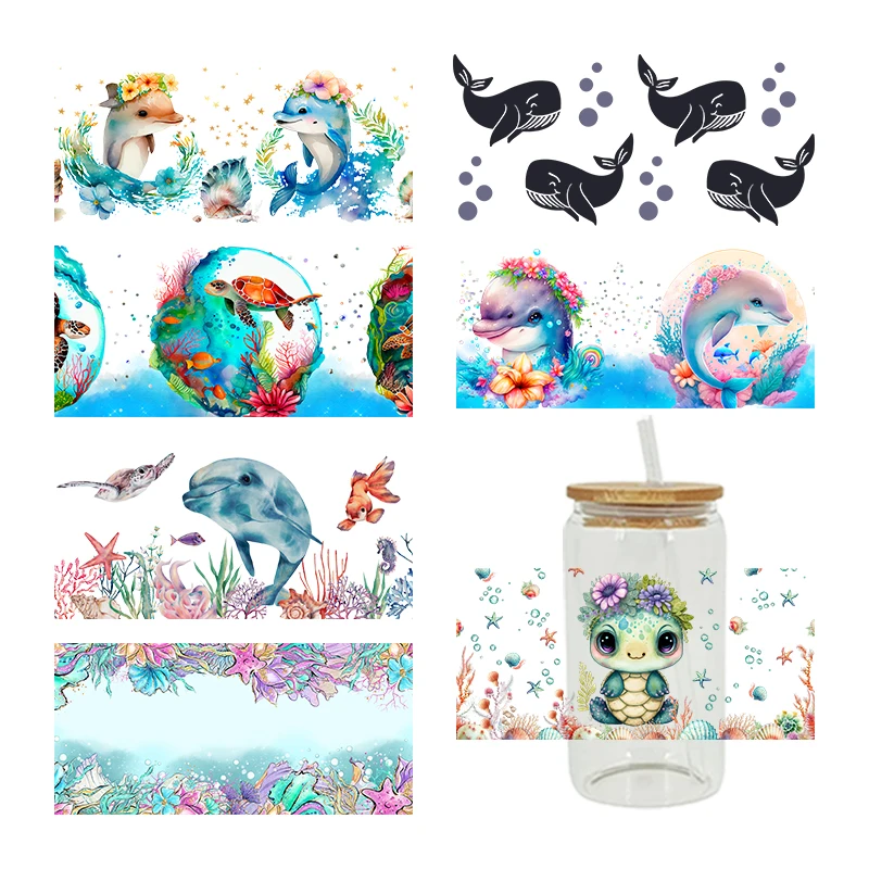 3D UV DTF Transfers Stickers 16oz Cup Wrap Turtle Dolphin Whale Printed For DIY Glass Ceramic Metal Leather Etc. D1804