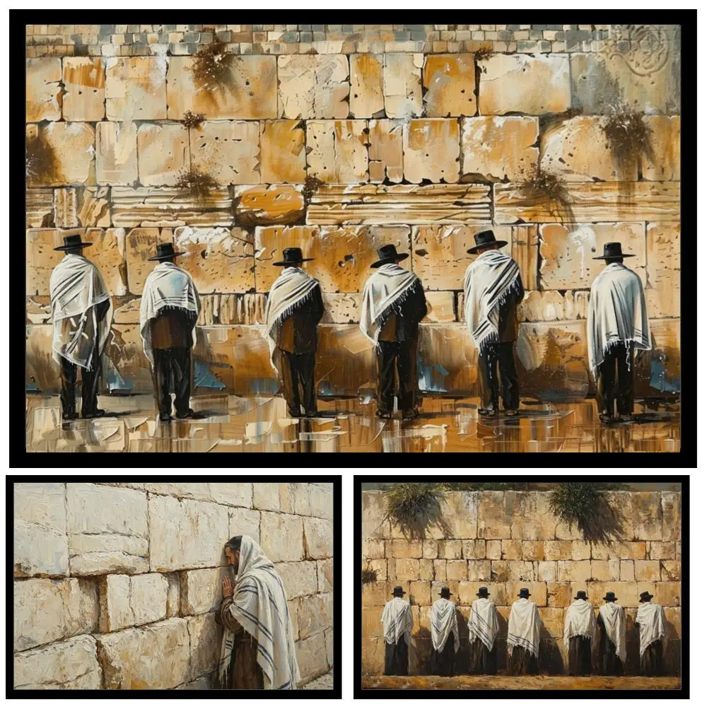 Extra Large Canvas Prints HD Jerusalem Kotel Abstract Grey White Tallit Praying Men Jewish Decor for Contemporary Living Room