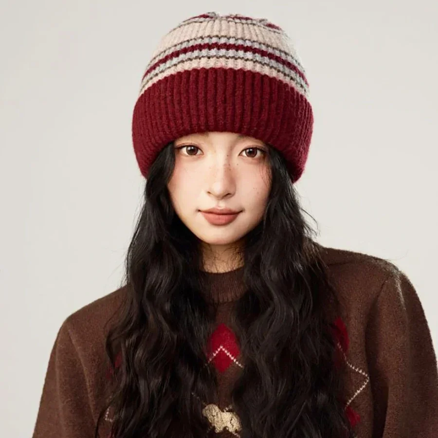 

Colorful Stripes Wool Knitted Beanies Women Winter New Warm Thick Ear Protection Stylish Hat Female Casual Retro Versatile Cap