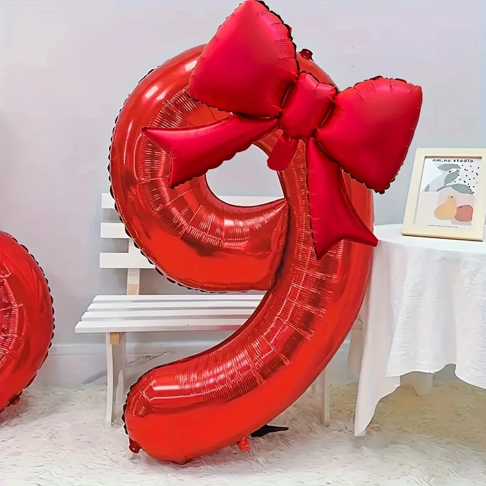 2 Stück Große 32-Zoll Rote Zahlenballons 0-9 mit Roter Schleife Folienballons für Geburtstagsfeier und Jubiläumsdekoration – Detail 15