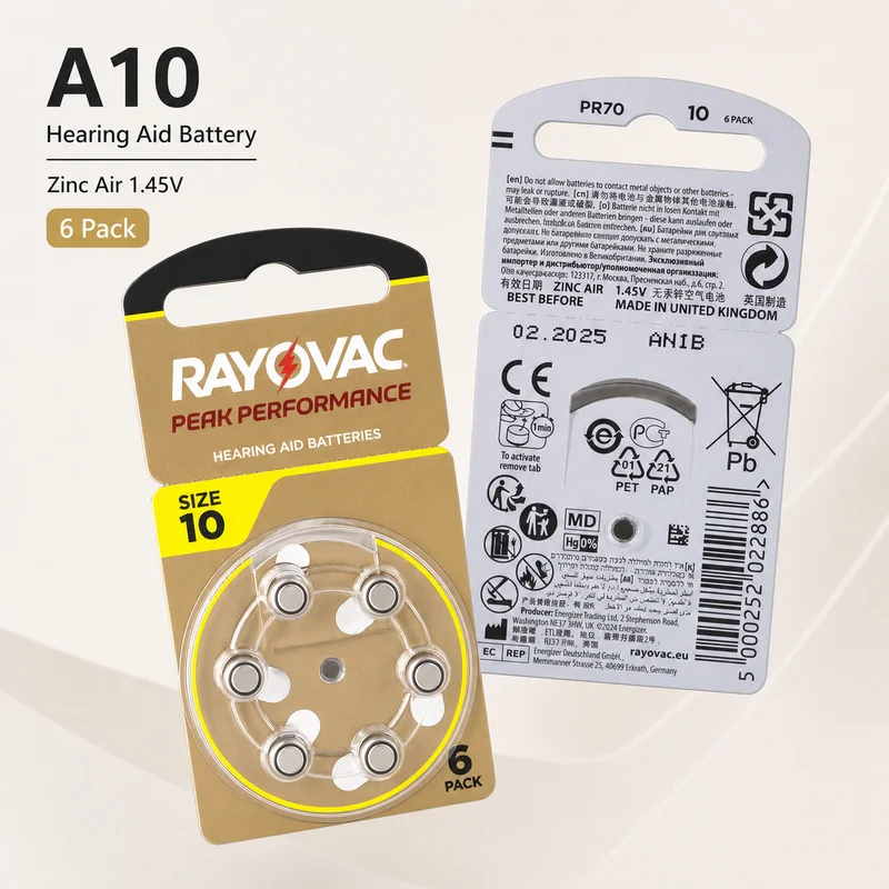 Zinc Air Hearing Aid Batteries 60PCS 10 Cards RAYOVAC PEAK Size 10 A10 ZA10 10A P10 PR70 For BTE CIC RIC OE Hearing Aids