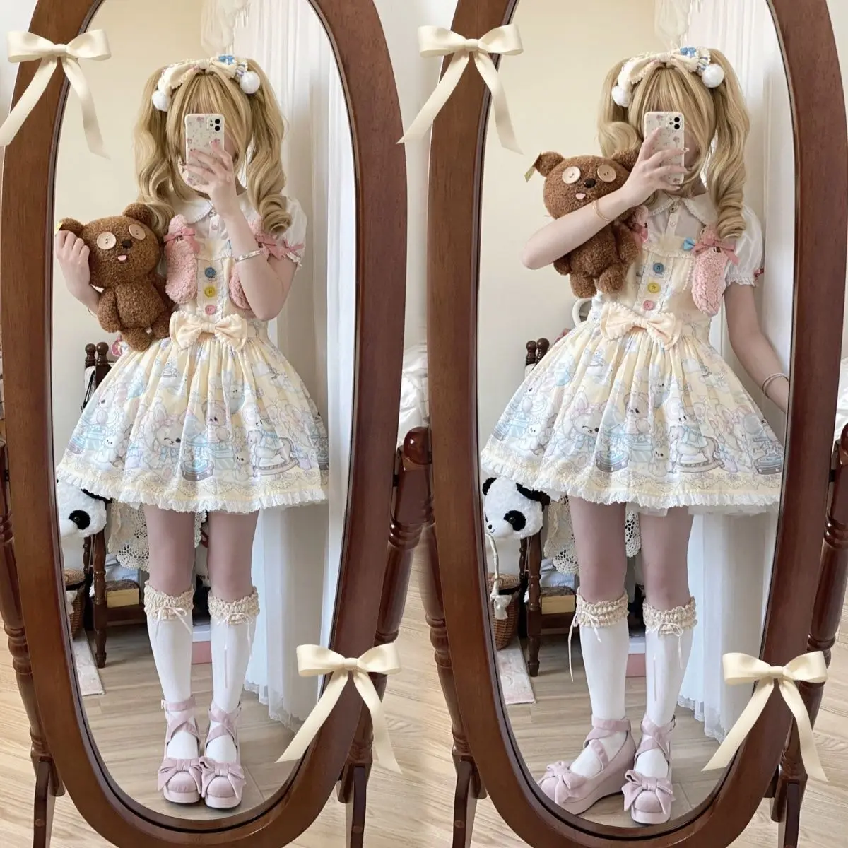 Lolita Jsk Dress Women Lolita Cartoon Cocoa Bear Cute Rabbit Lace Bow Sweet Straps Dresses Kawaii Princess Party Mini Vestidos