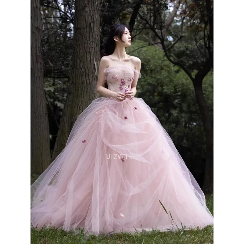 Fairy Blush Pink Wedding Dresses Off Shoulder Tulle A-Line Photos Shoot Dresses Bridal Dress Elegant Prom Gowns Customized 2025