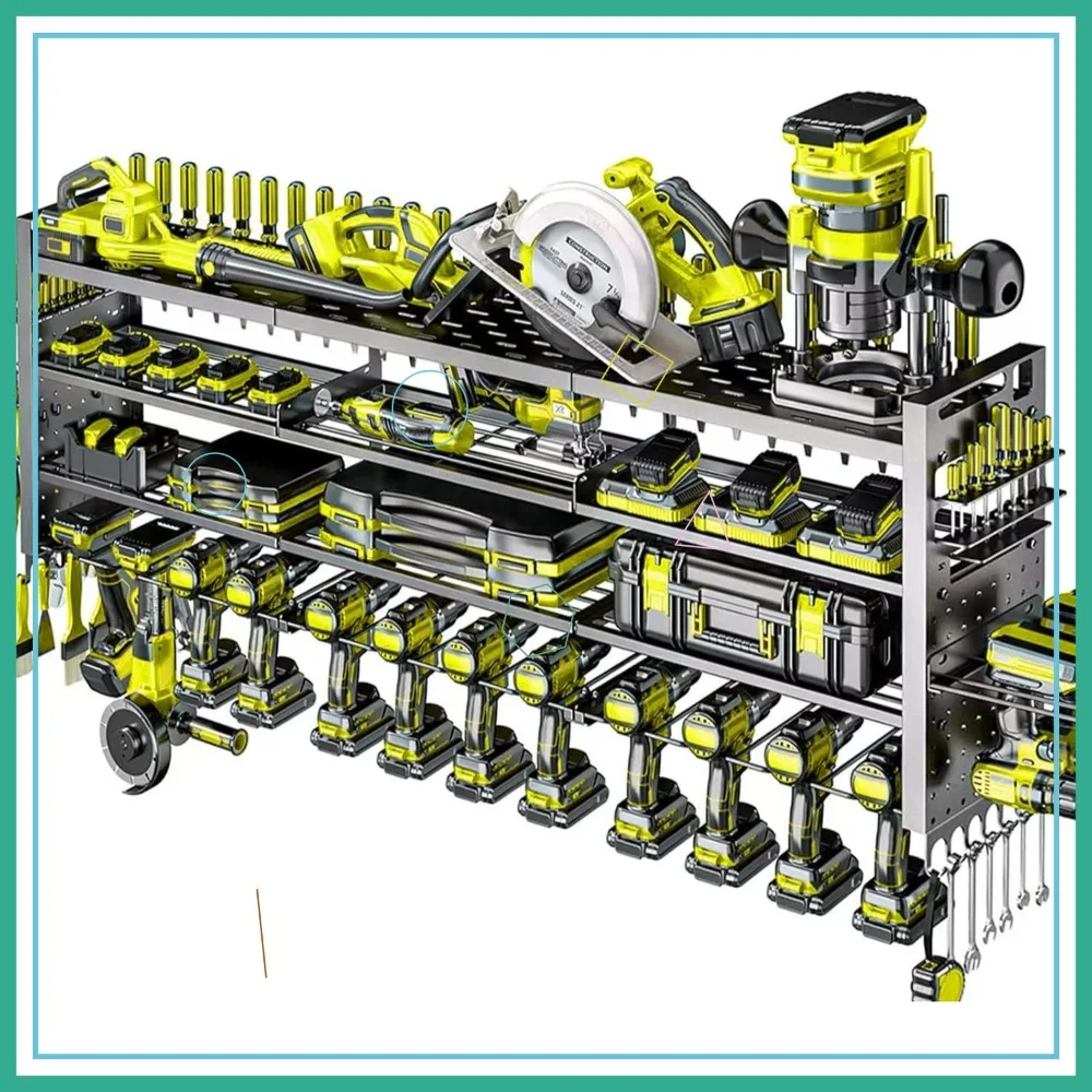 

Large 49.8" Wall Mount Tool Organizer with 14 Drill Holders, Heavy Duty Garage Storage Rack in Black