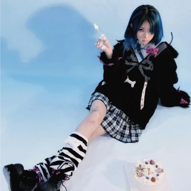 Women's Autumn Spring Tops Sweatshirt Coat Padded Thickened Hooded Long Sleeve Dark Subculture Slim Loose Leisure Simple Niche