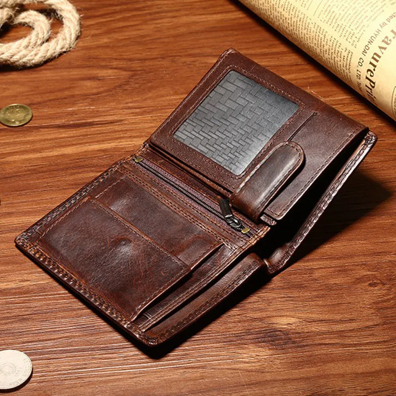 Genuine Leather Men's Short Wallet Retro Bi-Fold Leather Wallet Real Cowhide Card Holder Male Purse with Coin Pocket ID Window