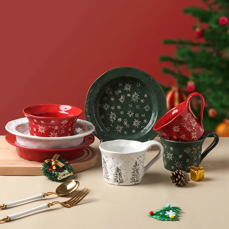 

Nordic Gold Point Christmas Cutlery Ceramic Bowl And Plate, Breakfast Soup Plate Western Plate, Milk Mug 1pcs