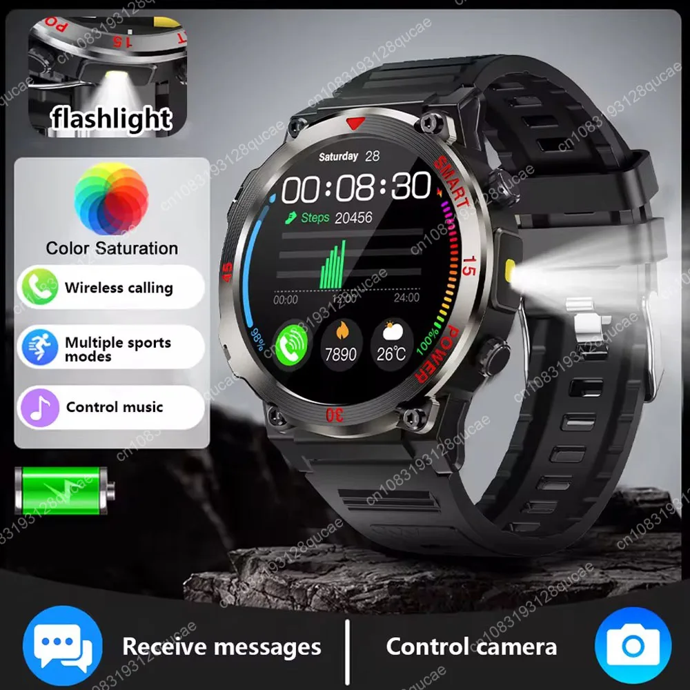 

Smartwatch Military Men 360*360 HD Screen Flashlight Health Monitoring Waterproof Heart Rate BT Call Smart Watch For Android IOS