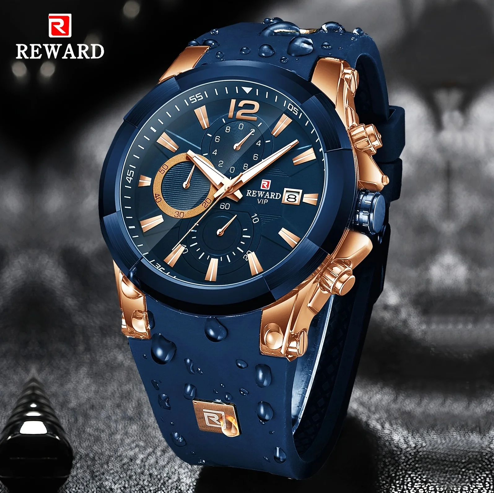 REWARD Rose Gold Blue Quartz Wristwatches Silicone Watch Strap with Box Luminous Hands Chronograph Watches Clock Man