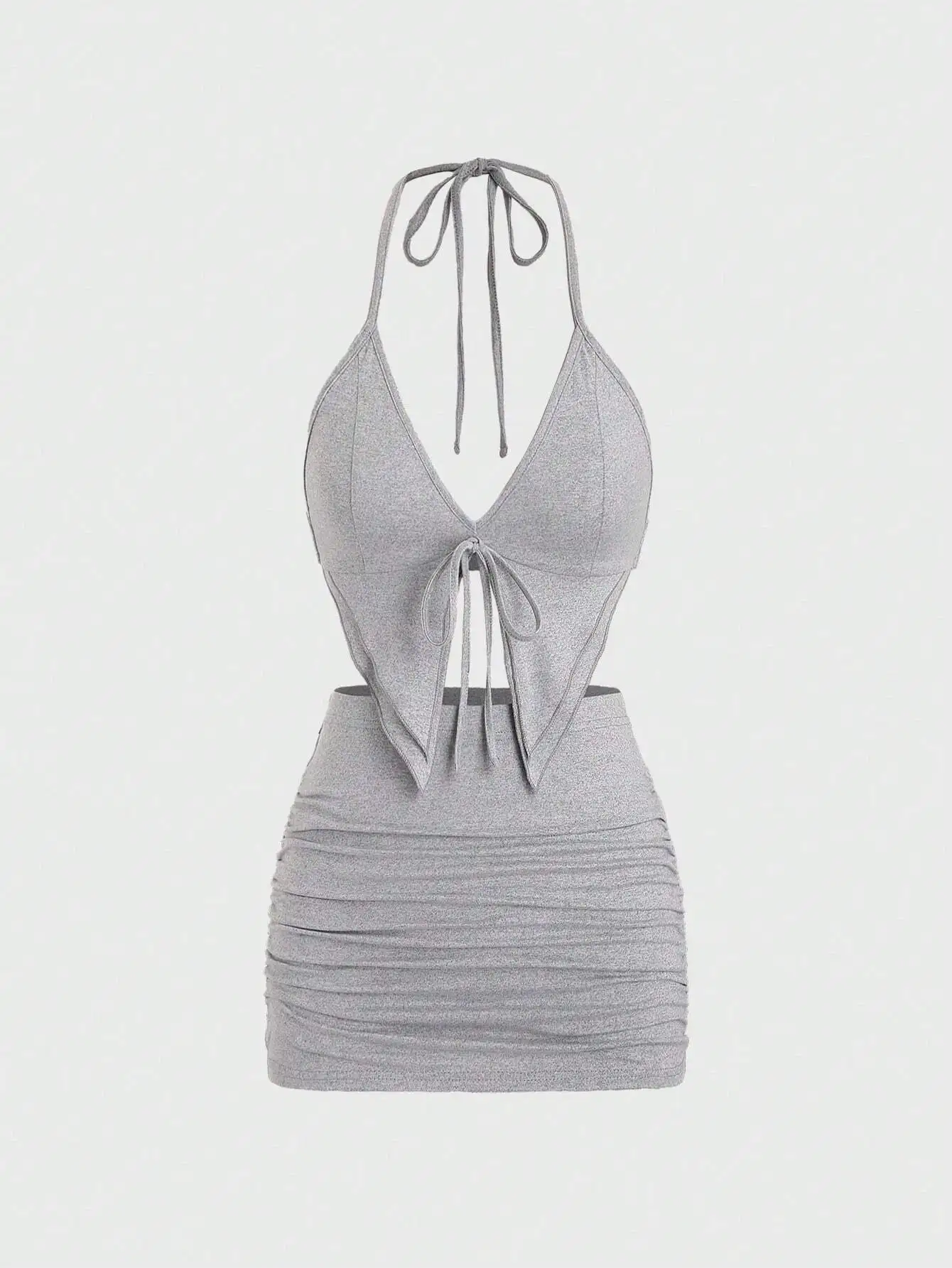 

Women's Gray 2-Piece Set: Deep V-Neck Tie-Front Top & Ruched Mini Skirt