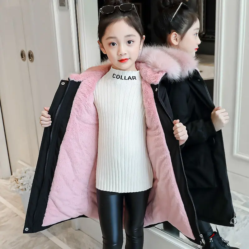 

Girls Down Coat Jacket Cotton Outwear Overcoat 2022 Fur Warm Thicken Plus Velvet Winter Breathable Children's Clothing