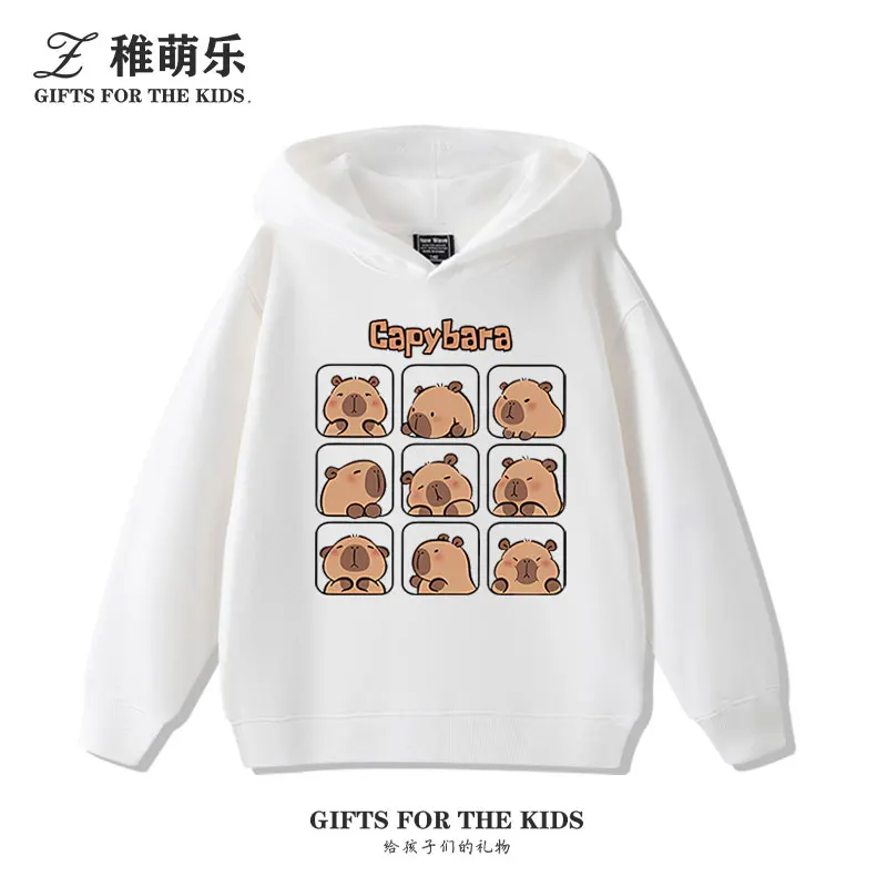 Suéter con capucha para niños de dibujos animados lindos de nueve rejillas Capybara Otoño e Invierno más terciopelo ropa que combina con todo para niños y niñas tendencia