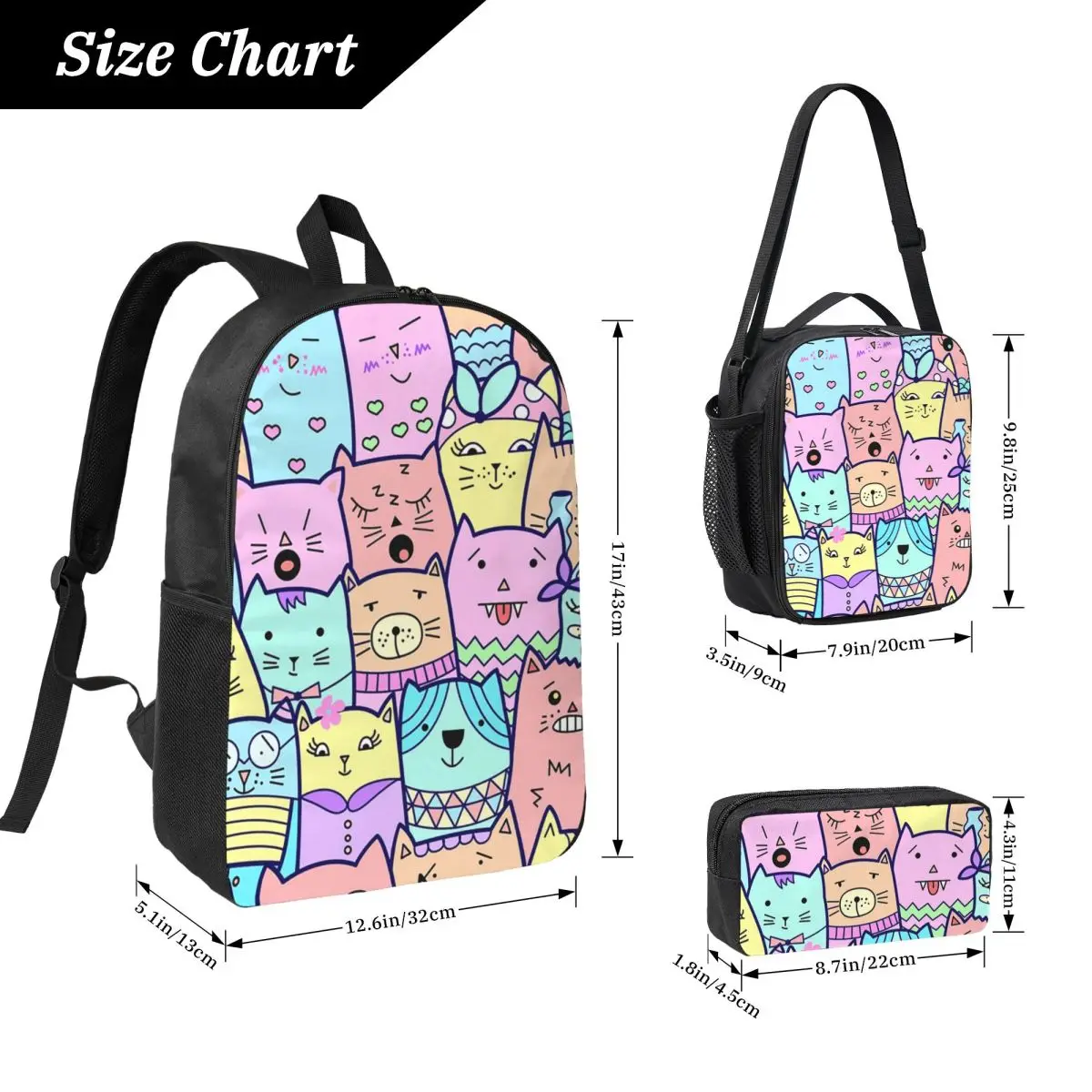 Adorable Colorful Kitten Cat Backpack Boys Girls BookBag School Bag Computer Shoulder Bags 3ps Insulated Lunch Bag Pencil Case