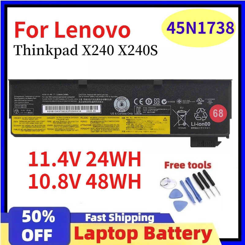 New 45N1136 45N1738 68+ Laptop Battery for Lenovo Thinkpad X240 X240S X250 X260 X270 T440S T450 T470P K2450 W550S, 10.8V 48WH