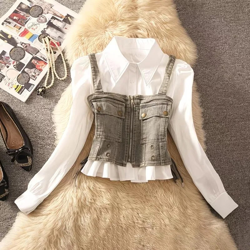 Conjunto de Dos Piezas de Primavera: Camisa de Manga Larga con Diseño Chic y Chaleco Vaquero Versátil, Blusa para Mujer, Camisas, Tops Femeninos