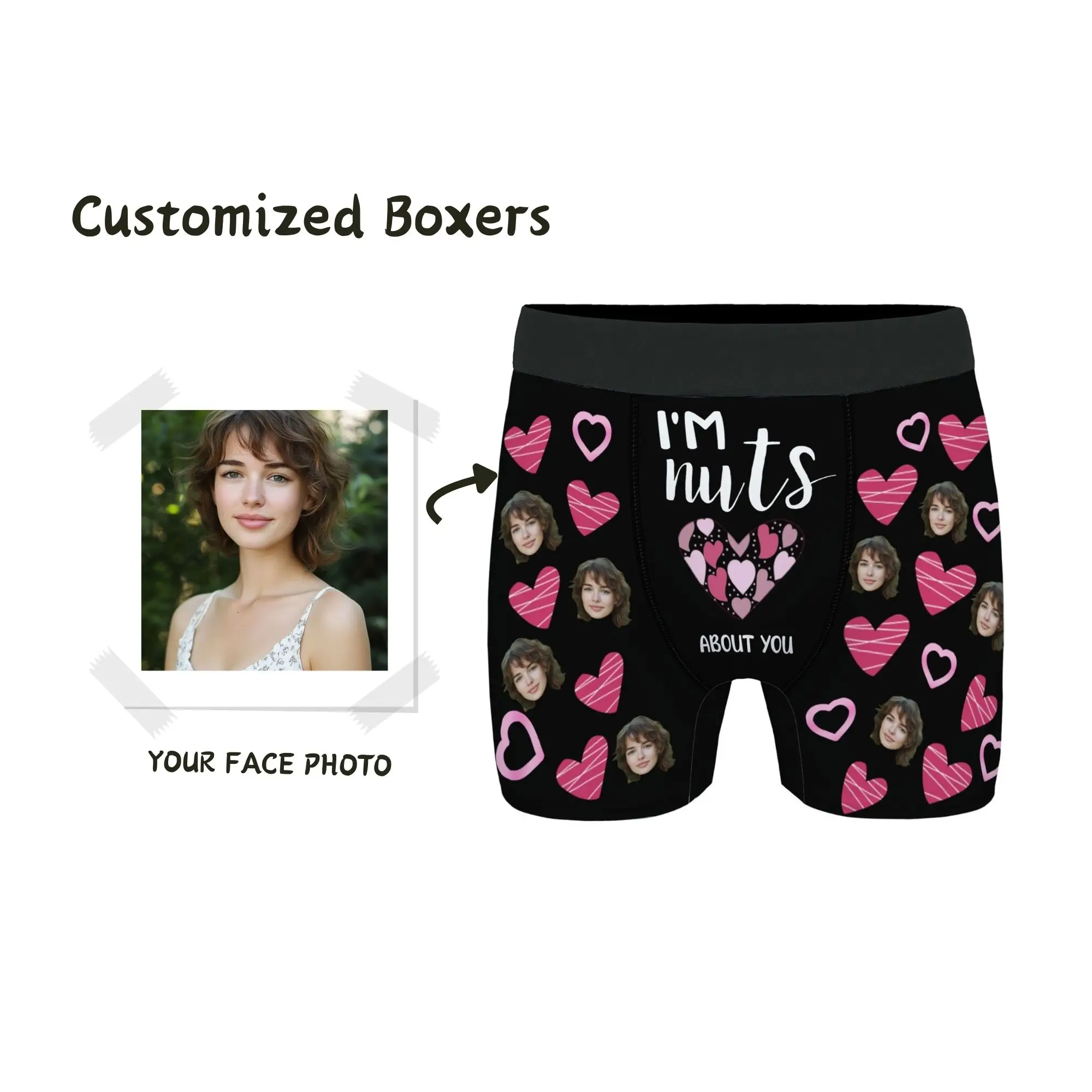 

Gift for Boyfriend Custom Face Boxers Briefs Black Pink-Purple Heart Print "I'M Nuts ABOUT YOU" Funny Anniversary Present