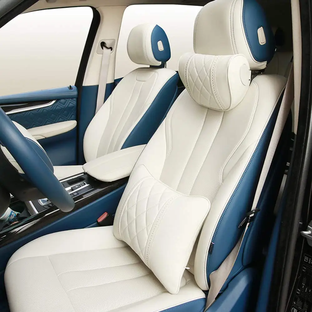 

Premium Napa Leather Car Neck Pillow With Quilted Design For Sedan Seat Comfort Support Beige