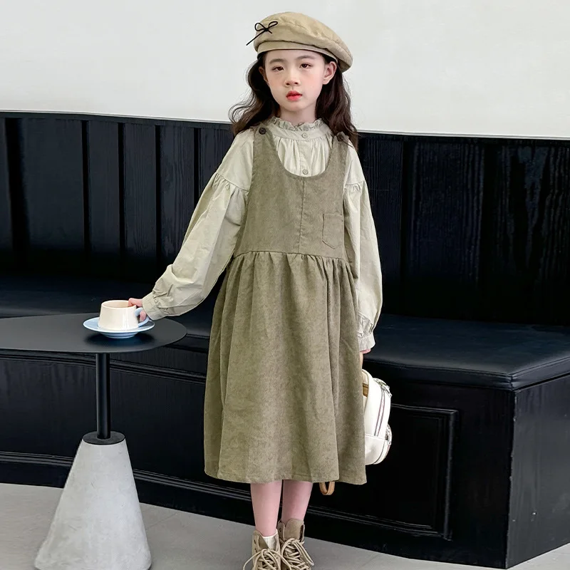 

New Spring Autumn Girl Children's Sets Junior Girl Lace Collar Long Sleeve Base Shirt+Corduroy Suspender Skirt Kids Girl Sets