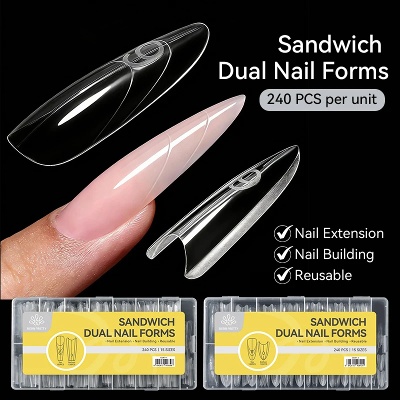 BORN PRETTY 240 Stück Sandwich-Nagelverlängerungsformen, Sandwich-Doppel-Nagelformen, UV-Gel für Verlängerung, Aufbau, künstliches Nagelwerkzeug, DIY