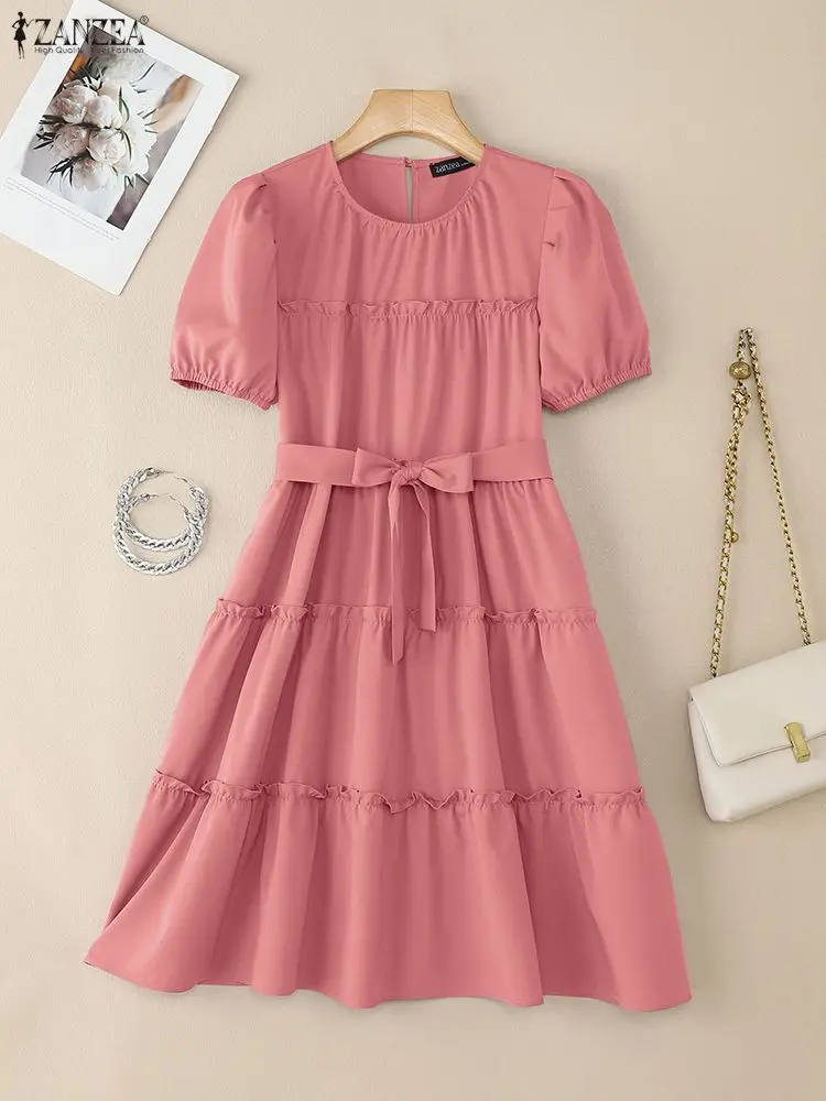ZANZEA Stylish Ruffled Party Dresses Women 2025 Summer Dress O Neck Short Sleeve Sundress Belted Robe Elegant A Line Vestidos