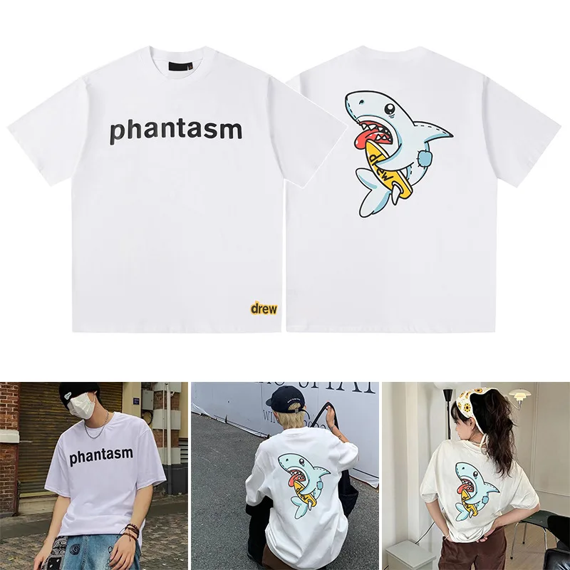 

Drew House Premium Quality Smiley Face Cartoon Shark Print Short-Sleeve Couple's Oversized Crew Neck 100% Cotton T-Shirt