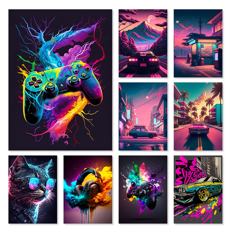 Vintage Game Controller Anime Cyberpunk City Car Wall Art Posters and Prints Canvas Paintings Mural Pictures for Play Room Decor