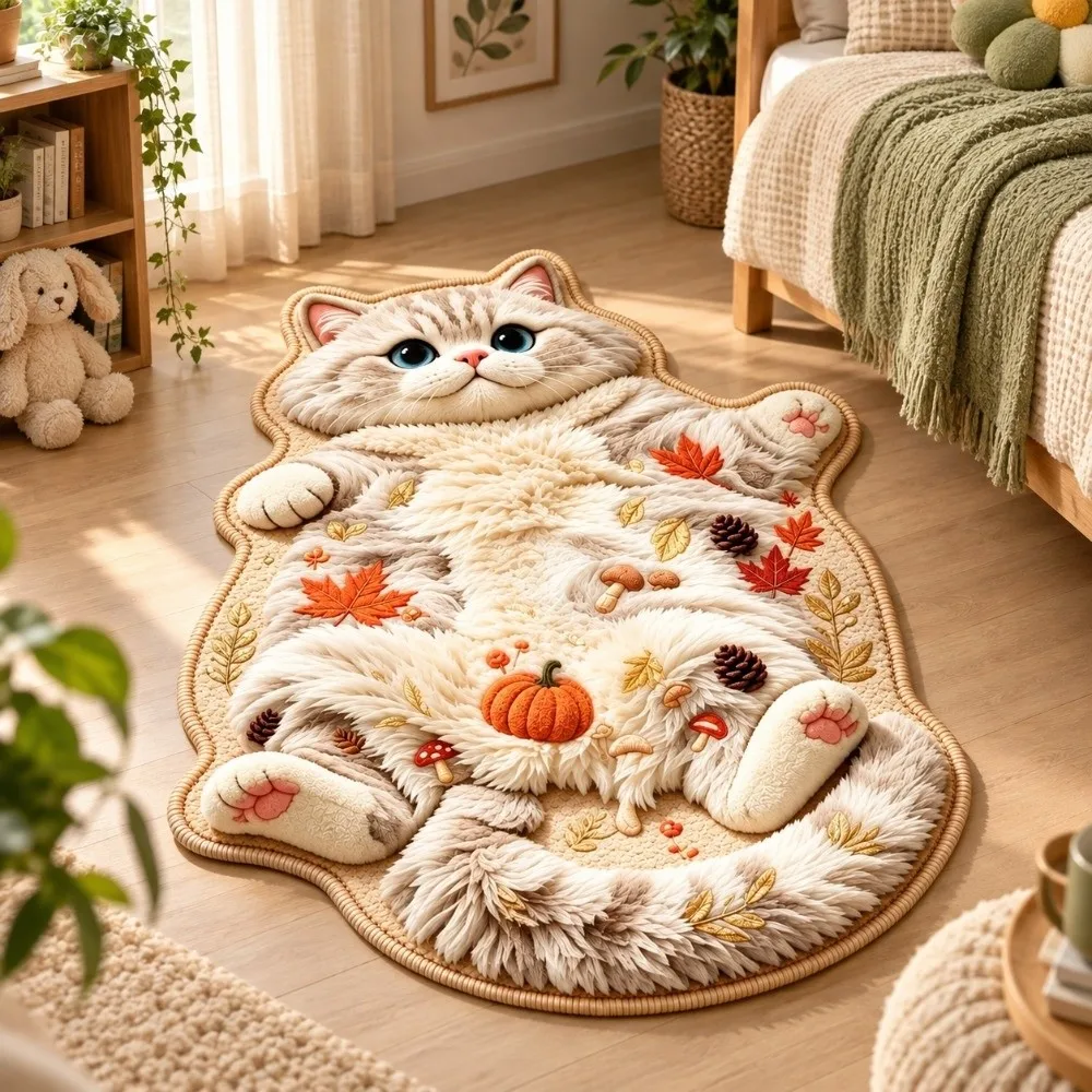 Cute 2D Cat-Shaped Area Rug Anti-fouling Non-Slip Home Decor Carpet Easy to Clean Cartoon Carpet Living Rooms