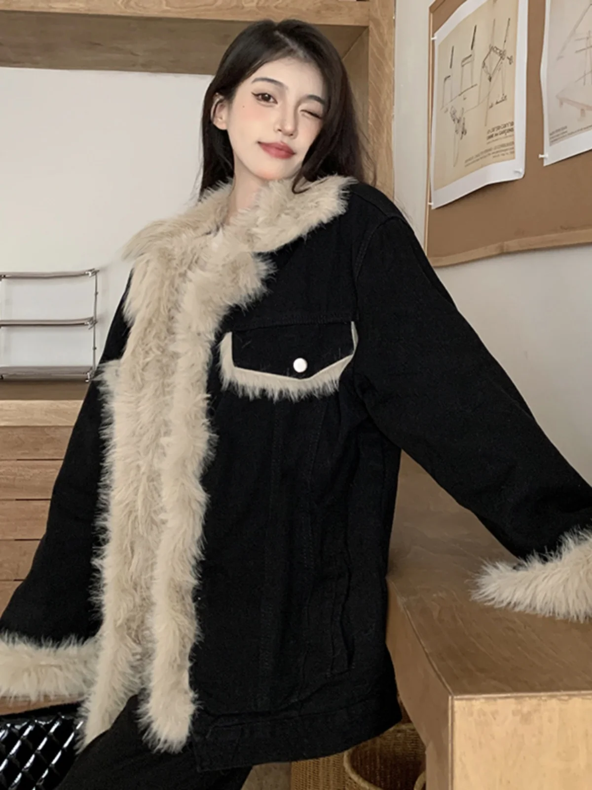 Black Cotton Jacket With Thickened Cotton Jacket For Women's Winter Warmth, Loose Fit, Medium Length Woolen Patchwork Denim Coat