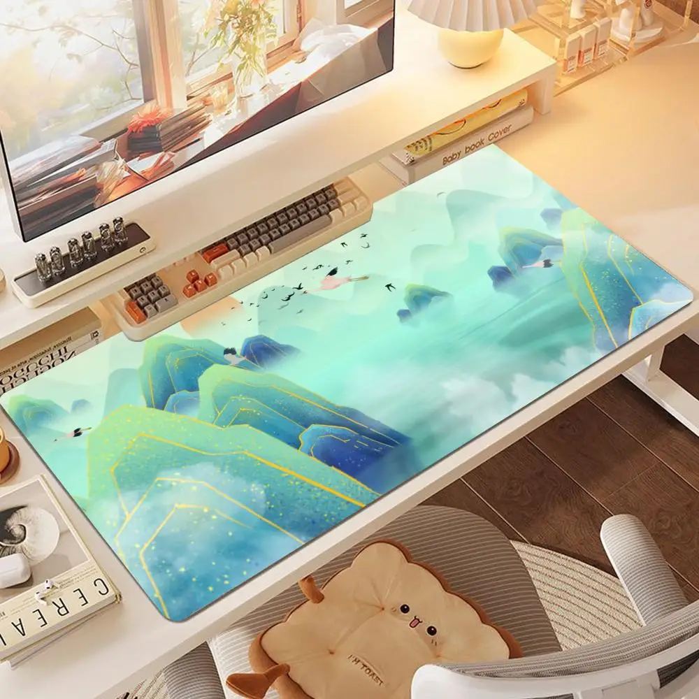 Oriental Ink Mountain River Scenery Desk Mat, Large Non‑Slip Rubber Extended Gaming Mouse Pad for Laptop Home Office Table Decor