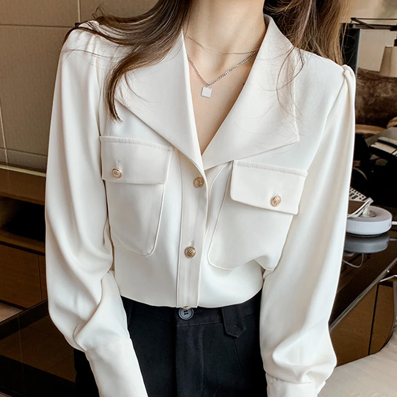 Long Sleeve Blouse Women Blusas Mujer De Moda 2024 V-Neck Office Chiffon White Blouse Shirt Women Tops Blouses Women Shirts E588