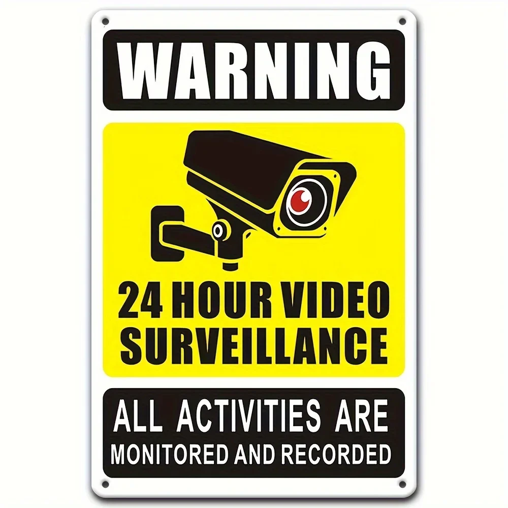 24-hour surveillance aluminum sign, outdoor security camera warning plaque, all activities monitored, durable exterior wall d
