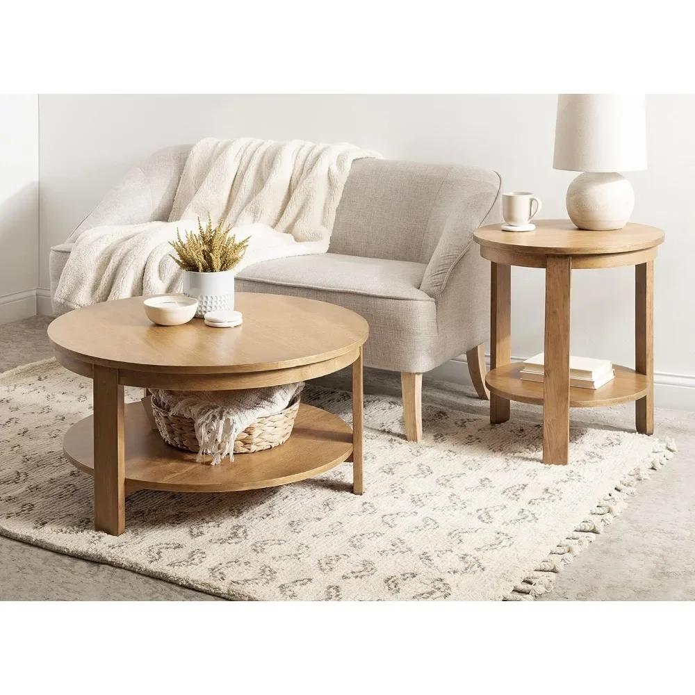 Tiered Round Coffee Table, 34 x 34 x17, Natural Brown,Transitional Two-Tier Circle Living Room Table with Storage and Resilient