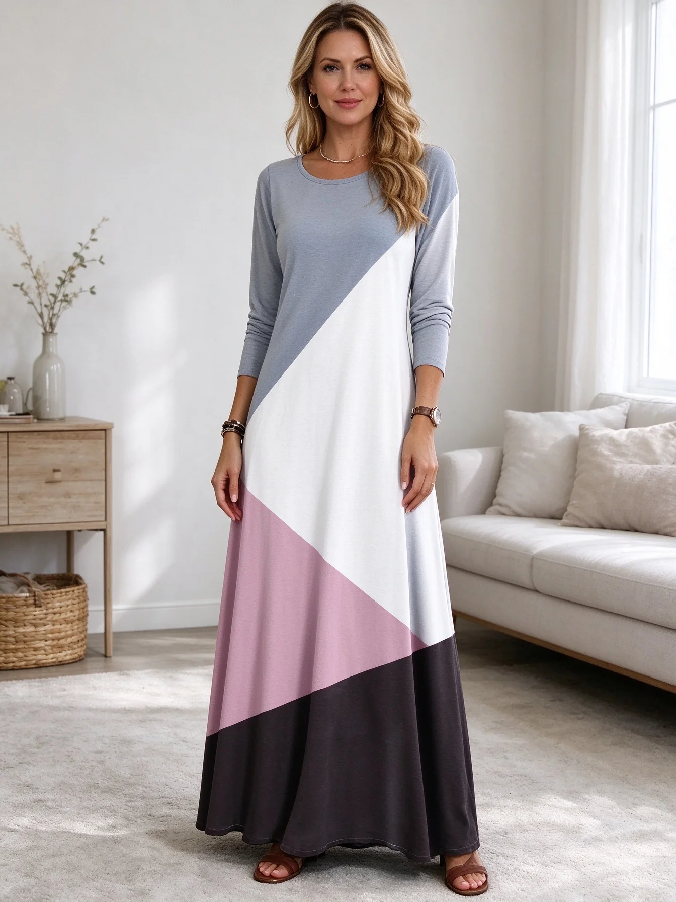 Women Geometric Color Block Maxi Dress Long Sleeve Round Neck Loose Flowy Long Dress Casual Daily Plus Size Robe