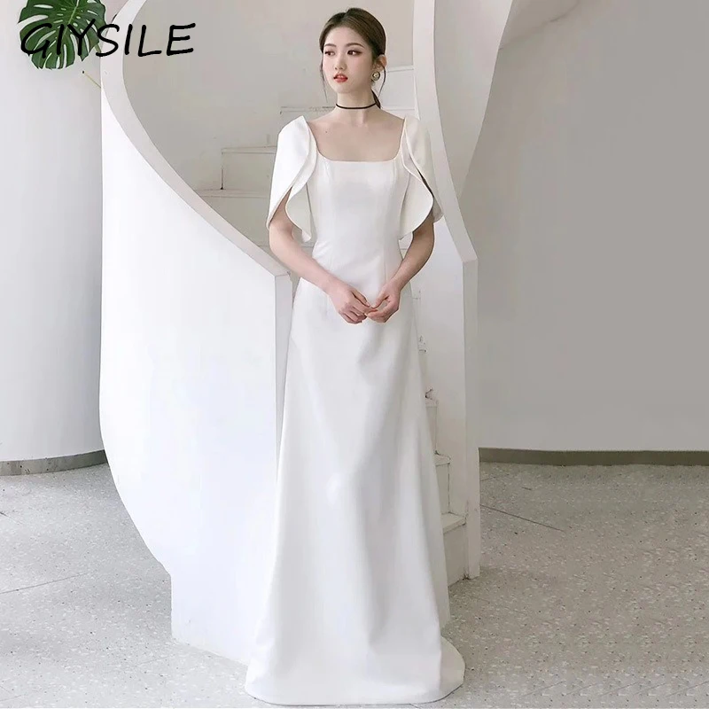 GIYSILE Elegant Satin Light Wedding Dress for Women Prom Dresses Back Zipper Flared Sleeve Evening Dress Luxury Robes De Soirée