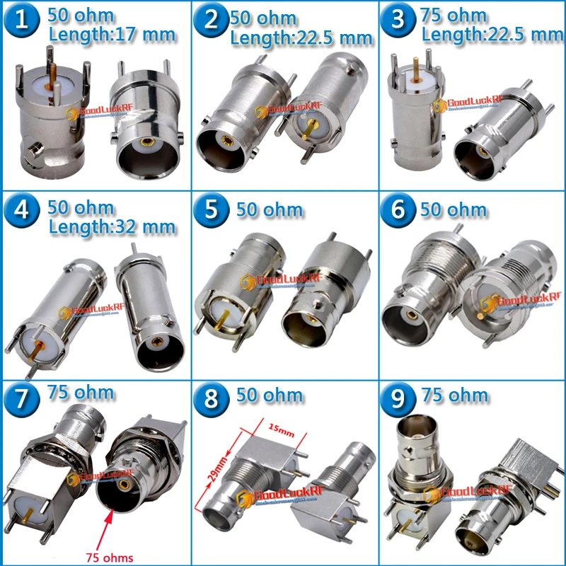50 75 ohm Q9 BNC Male Female O-ring Bulkhead Washer Nut Right Angle 90 Degree Plug SDI solder cup PCB RF Connector Adapter