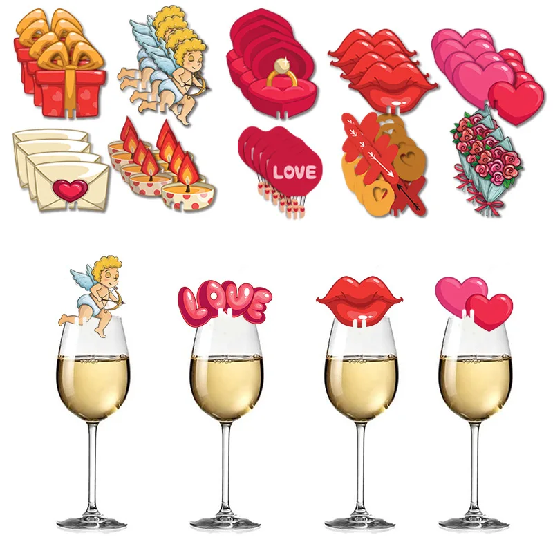 Happy Valentine's Day Wine Glasses Insert, Cartoon Paper Cards, Party Decoration Plugin, Valentine's Day Theme, 100Pcs