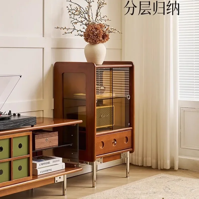 Nordic Solid Wood Side Cabinet Living Room Large Capacity Storage Tea Cabinet Small Apartment Retro Glass Display Cabinet