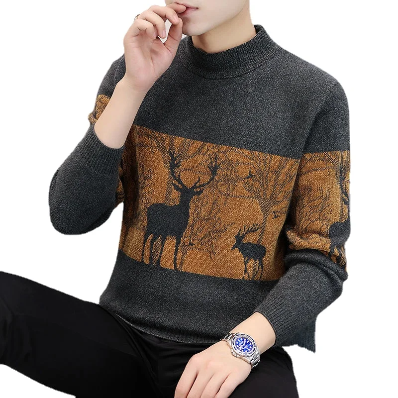 

[Lifting the ball] Plush winter new sweater Men's round neck pullover knitted sweater base coat