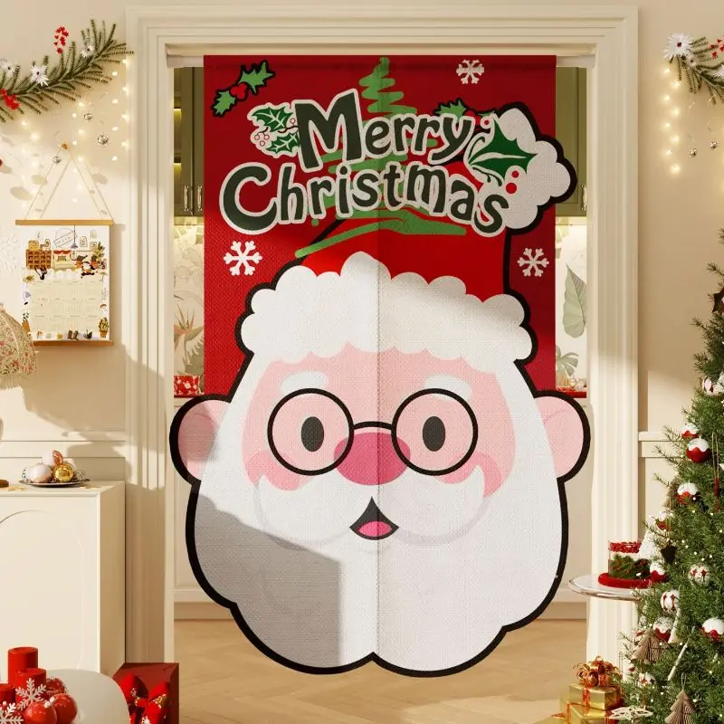 VIKAMA Christmas Cartoon Reindeer Door Curtain Scarlet Big Deer Face Merry Xmas Pine Bell Snowflake Fairy Light Scarf Kitchen